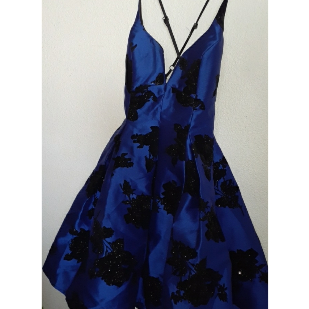 Royal blue dress with glitter black velvet Rose's